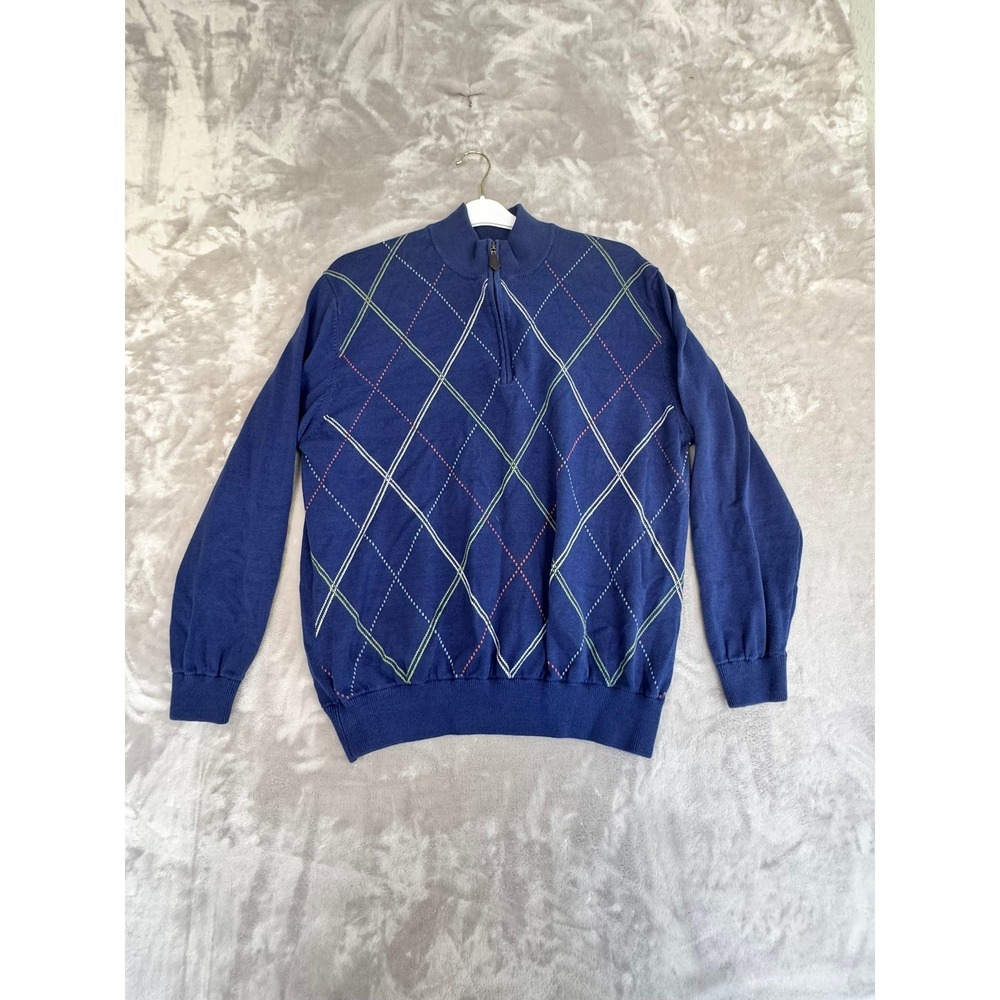Alan Flusser Golf Men's Blue Argyle Quarter‎ Zip Sweater Size L 100% Cotton